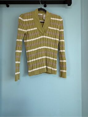 Liz & Co M Green Purple White Cable Knit Sweater